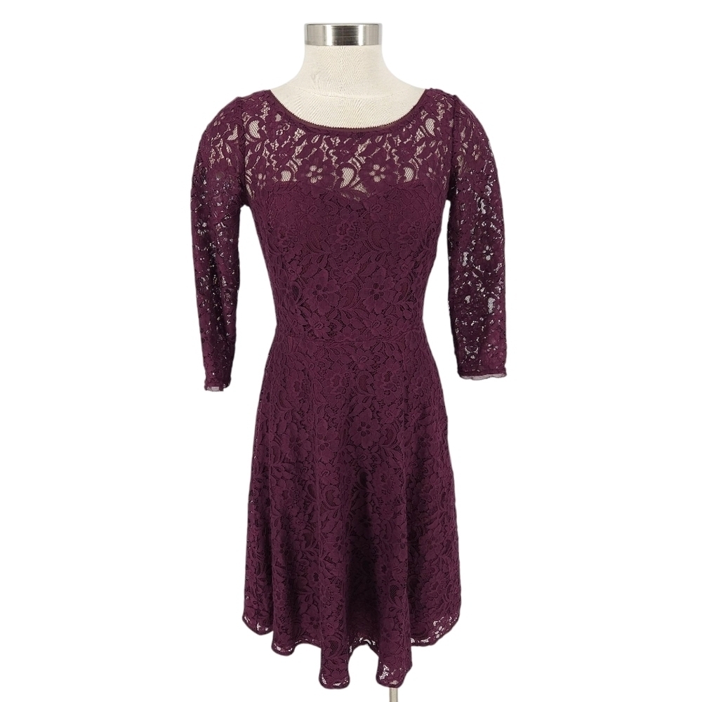 White House Black Market Fit Flare Dress Burgundy Lace 3/4 Sleeve A Line 4